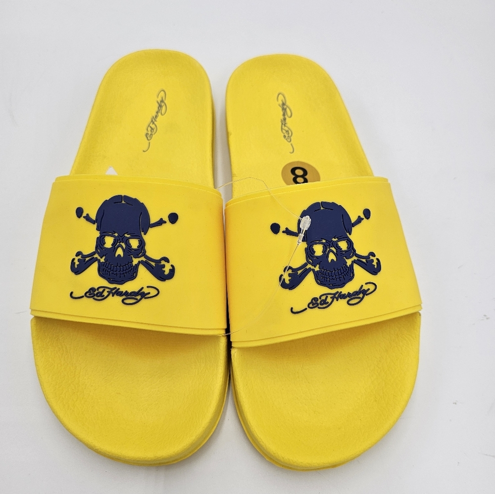 Ed Hardy Yellow with Skull Men's Slides sz 8 New with Tags